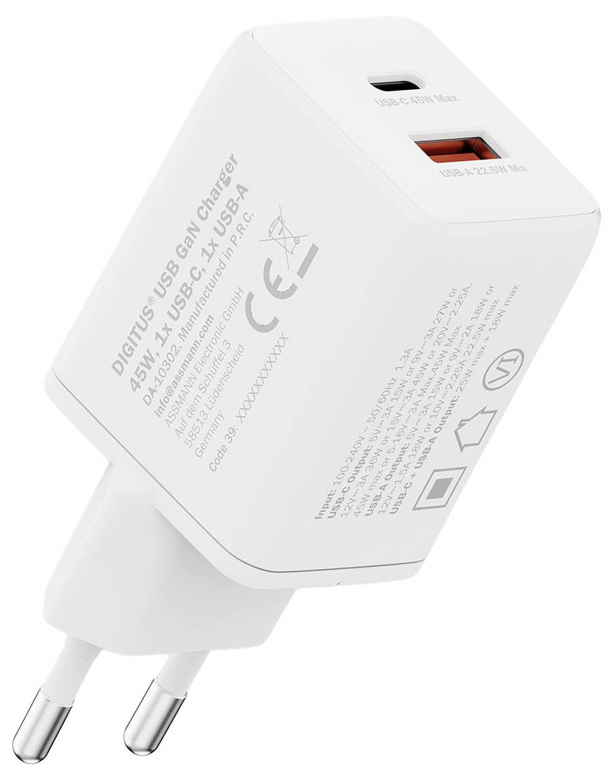 Un chargeur USB blanc de type européen avec un port USB-C et un port USB-A. Le chargeur supporte une puissance de sortie de 45W et dispose de capacités de charge rapide.