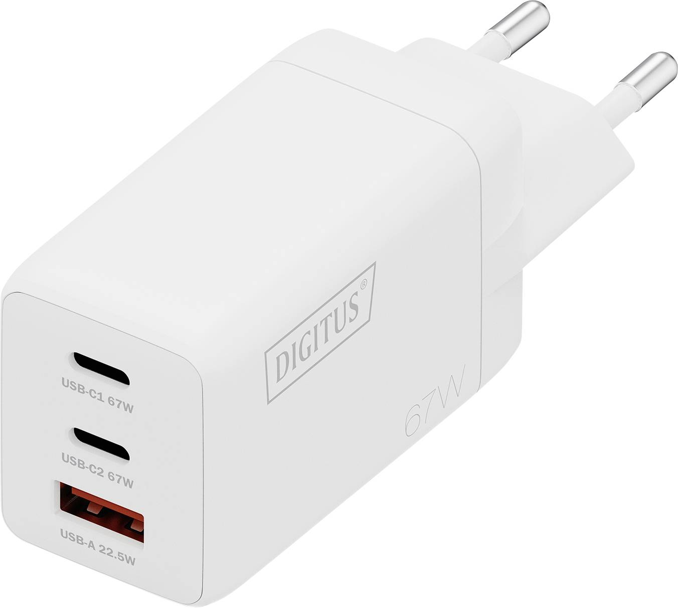 Un chargeur mural blanc avec deux ports USB-C et un port USB-A, étiqueté « DIGITUS ». Les sorties USB-C sont de 67W, conçues pour la charge rapide.