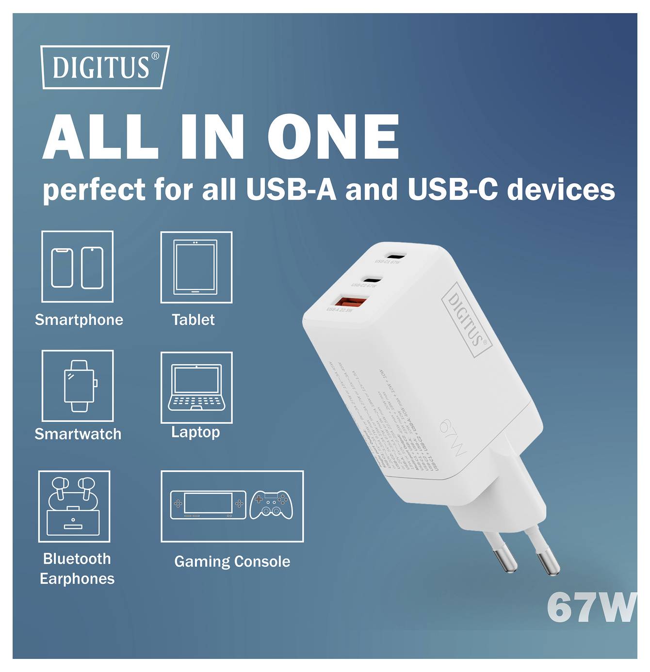 Chargeur Digitus 67W avec ports USB-A et USB-C, adapté aux smartphones, tablettes, montres intelligentes, ordinateurs portables, écouteurs, consoles de jeux.