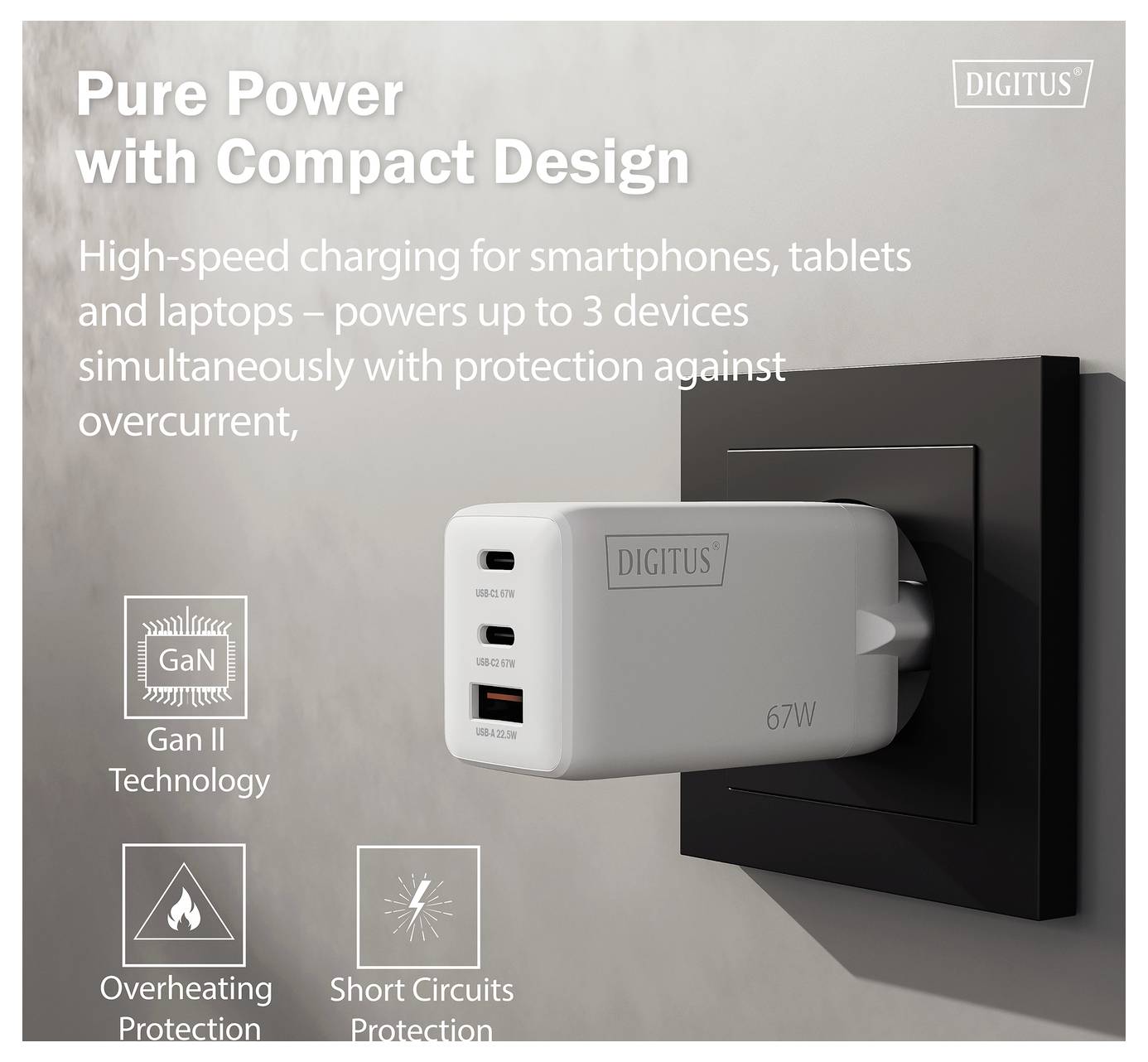 Chargeur DIGITUS 67W branché avec 3 ports USB, présentant la technologie Gan II. Le texte met en évidence la charge rapide et les fonctionnalités de sécurité.