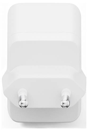 Un adaptateur de prise électrique blanc avec deux broches métalliques, vu de face.