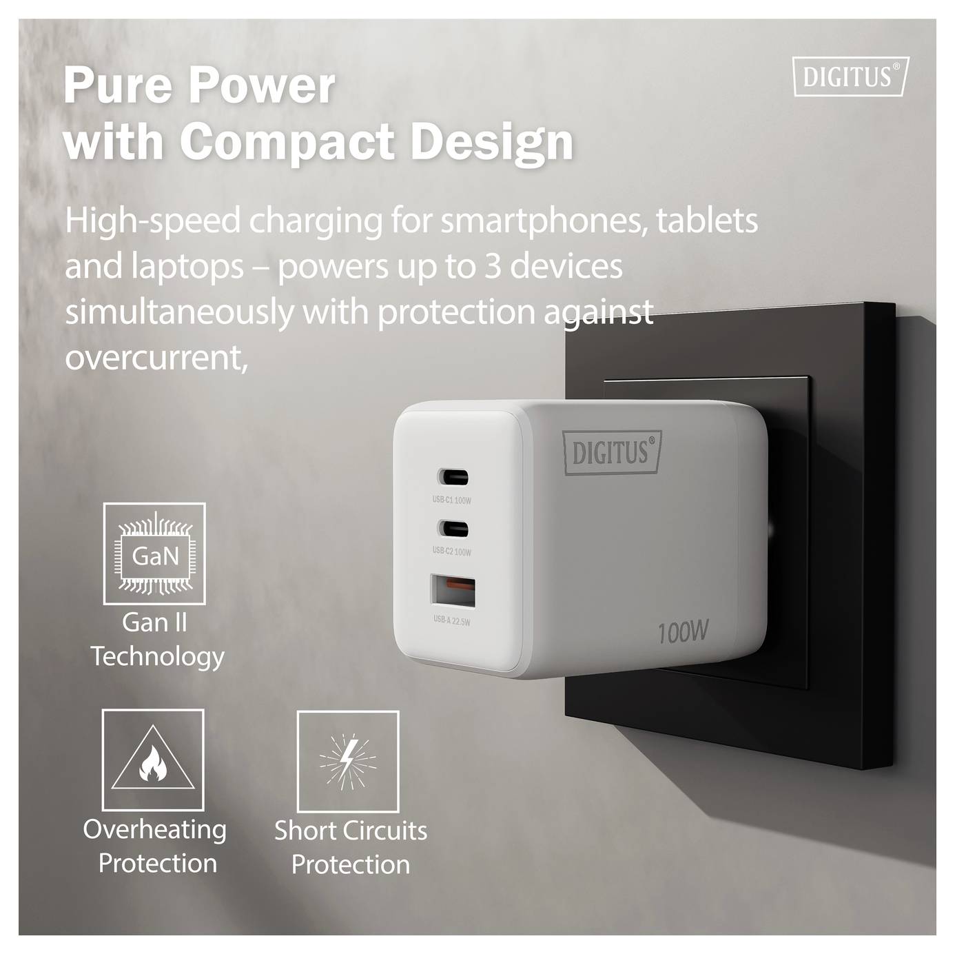 Un chargeur mural compact branché dans une prise, caractéristiques mises en évidence : charge rapide, protection contre les surcharges, surchauffe, court-circuits.