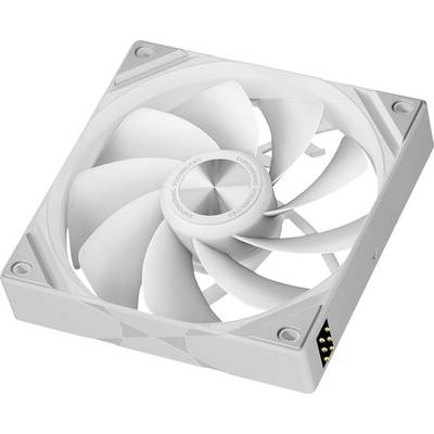 Un ventilateur de refroidissement informatique blanc avec plusieurs pales, conçu pour une circulation d'air efficace. Il comprend des supports d'angle pour l'installation dans un boîtier PC.