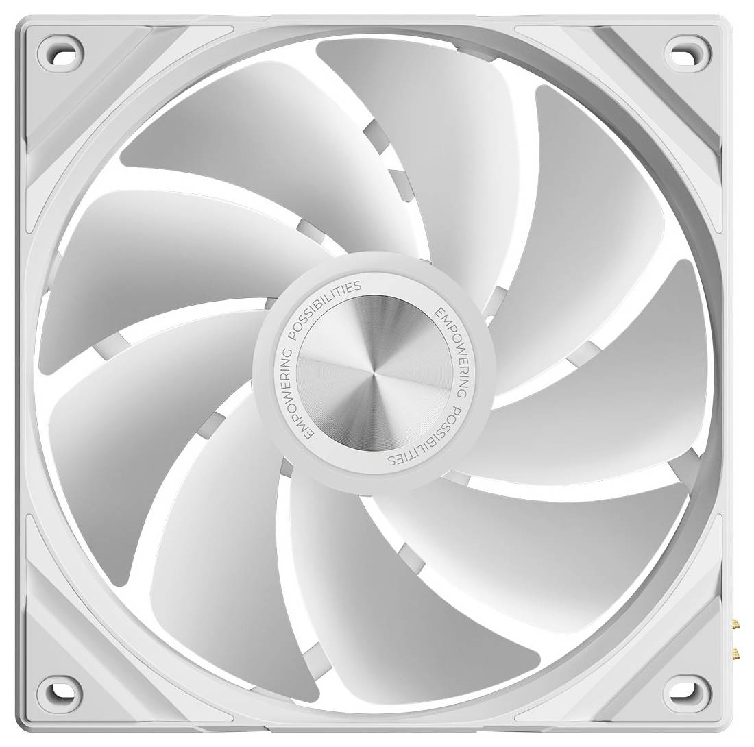 Un ventilateur de refroidissement informatique blanc avec des pales courbes tournant à l'intérieur d'un cadre carré, le moyeu central étiqueté « Donner des Possibilités ».
