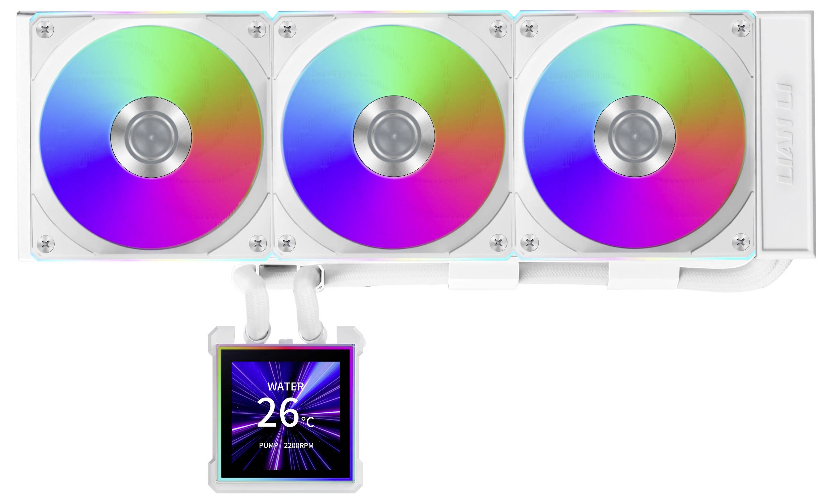 Un système de refroidissement informatique blanc avec trois ventilateurs RGB et un écran affichant « Water 26°C ».
