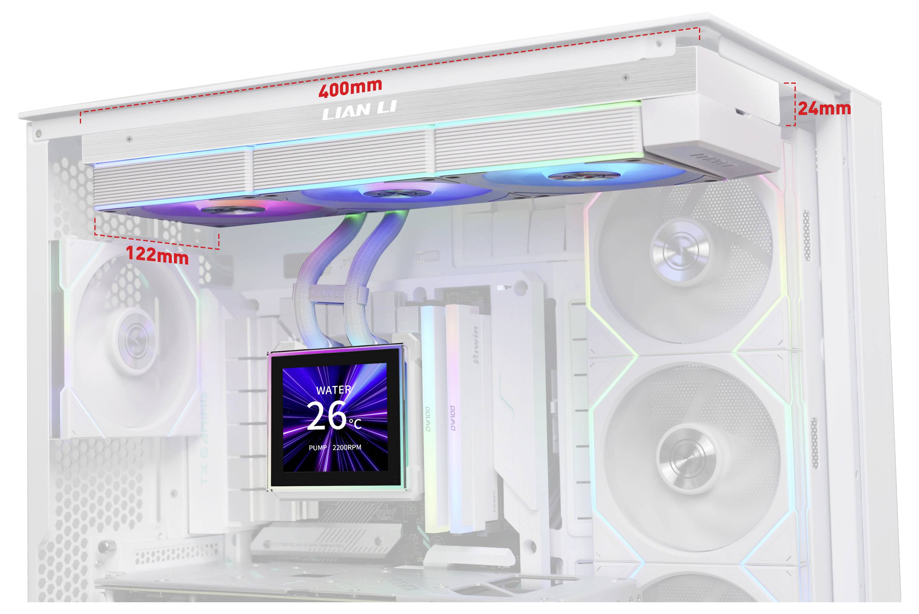 Un boîtier informatique blanc avec des ventilateurs LED et un écran d'affichage indiquant « WATT 26 ». Mesures en rouge : 400 mm, 24 mm, 122 mm.