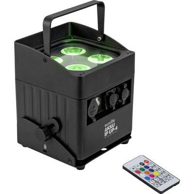 Un projecteur de scène portable avec plusieurs LED vertes et une télécommande pour ajuster les paramètres, adapté aux événements et aux performances.