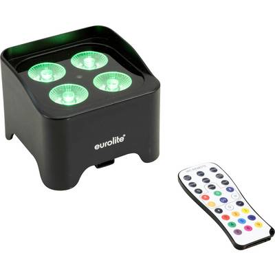 Luminaire LED « Eurolite » avec quatre feux verts et une télécommande dotée de plusieurs boutons de couleur et de mode.