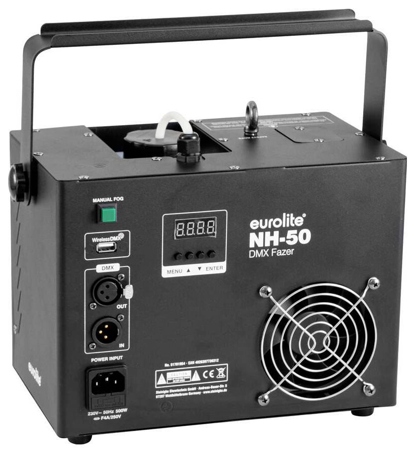 Machine 'Eurolite NH-50 DMX Fazer' avec écran numérique, ventilateur de ventilation et panneau de commande. Conçue pour produire des effets atmosphériques.