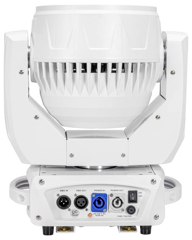 Un projecteur à tête mobile LED blanc avec connexions DMX et entrée/sortie d'alimentation sur la base, utilisé pour les applications d'éclairage de scène.