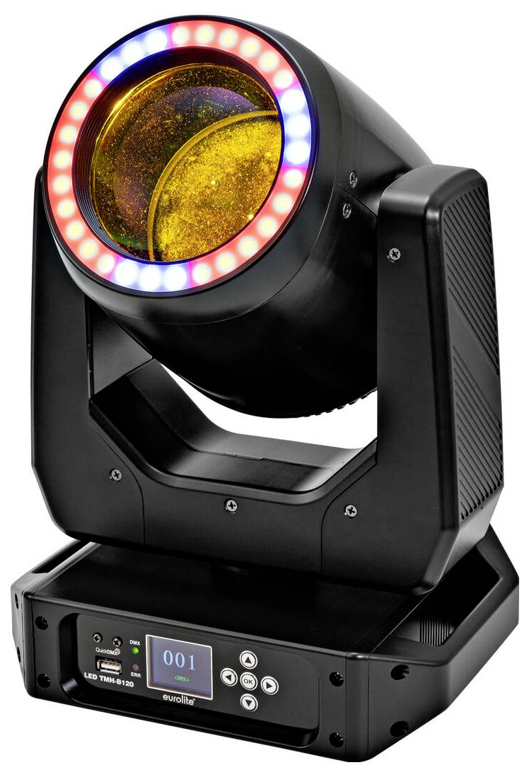 Un projecteur de scène LED noir avec une grande lentille ronde et un panneau de commande à sa base, affichant « LED TIME-6100 », émet un éclairage annulaire coloré.