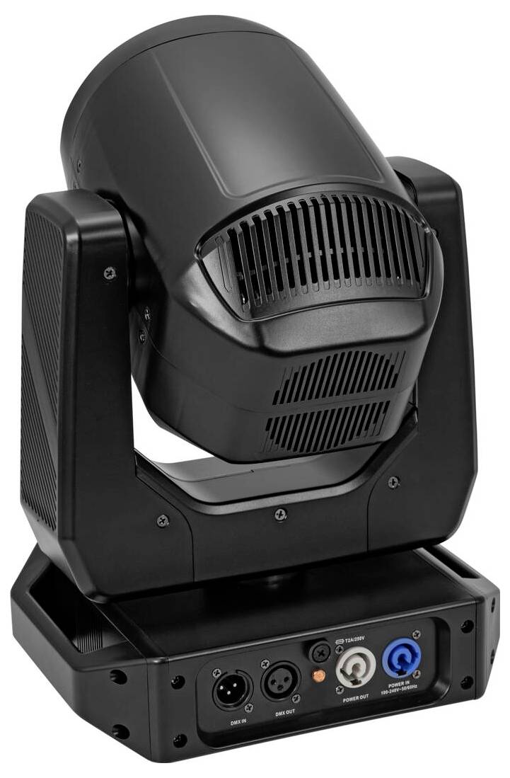 Un appareil d'éclairage de scène noir avec tête réglable et panneau de commande incluant des ports d'entrée et de sortie DMX, des connexions d'alimentation et des évents de ventilateur.