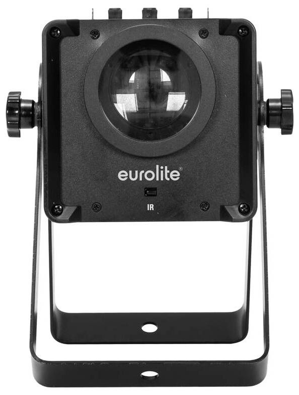 Un projecteur LED Eurolite noir avec un grand objectif et un support de montage, convenant à l'éclairage de scène et à l'illumination d'événements.