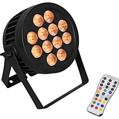 Un projecteur de scène noir avec 12 ampoules LED orange, accompagné d'une télécommande multifonction pour diverses fonctions d'éclairage.