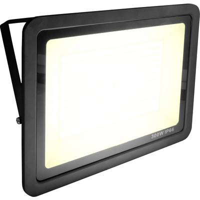 Un projecteur LED rectangulaire noir étiqueté « 300W IP66 », conçu pour une utilisation en extérieur, émet une lumière vive.