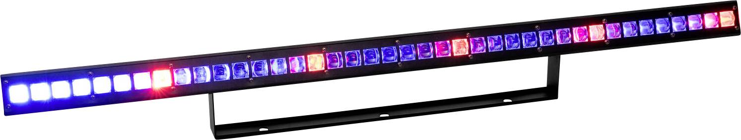 Barre lumineuse de véhicule d'urgence avec des feux LED rouges et bleus alternés sur un cadre noir, utilisée à des fins de signalisation et de sécurité.