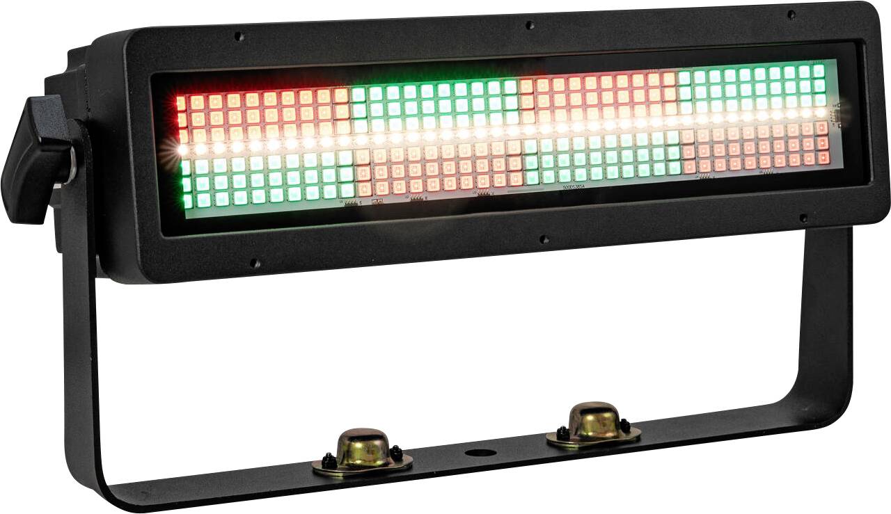 Un projecteur de scène LED noir avec un avant rond et blanc et un support ajustable, conçu pour les installations d'éclairage professionnel.