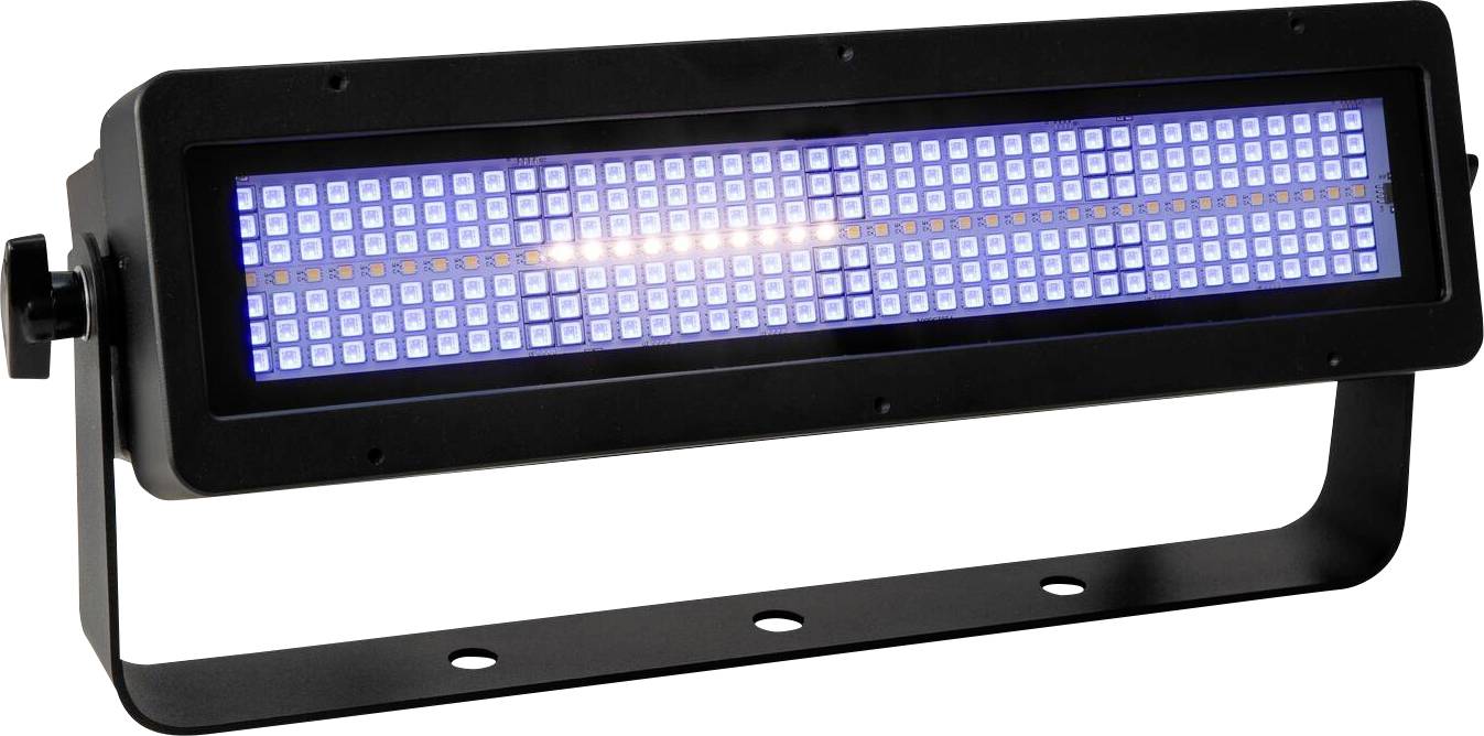 Un panneau LED rectangulaire émet une lumière bleue vive, monté sur un support en métal noir avec des fixations ajustables sur les côtés.