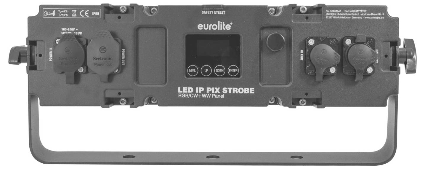 L'image montre un dispositif d'éclairage stroboscopique Eurolite LED IP Pix avec panneau de commande et divers connecteurs d'entrée/sortie.