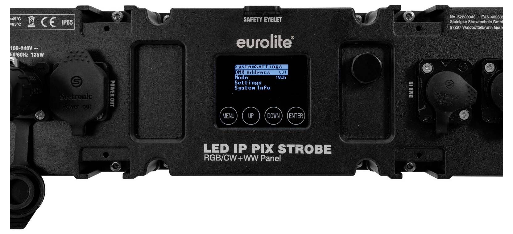 Panneau Strobo LED Eurolite IP Pix RGB/CW+WW avec affichage éclairé montrant les options de menu : Programmes Auto, DMX, Paramètres, Informations Système.