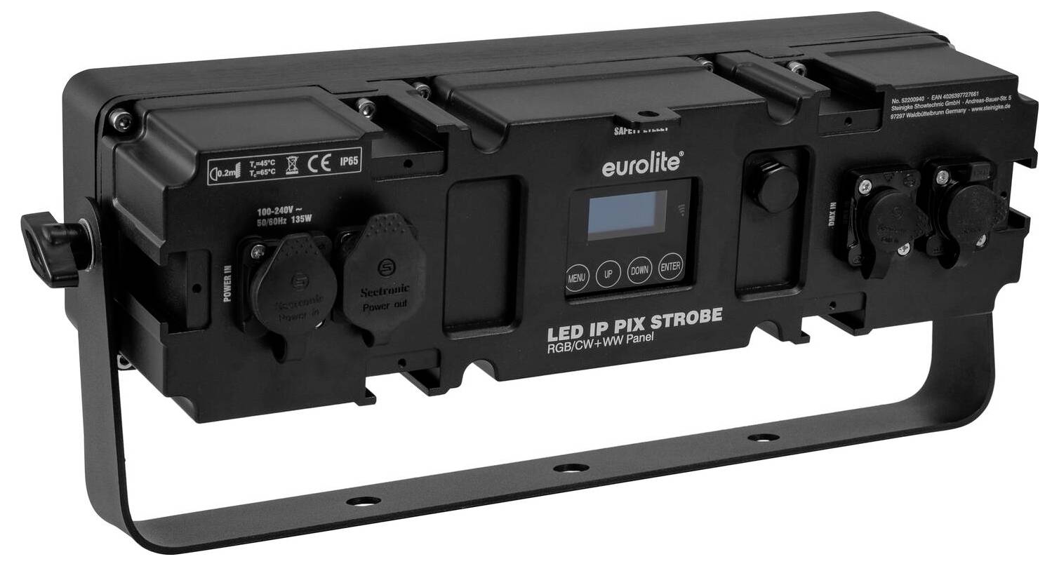Appareil d'éclairage 'Eurolite LED IP Pix Strobe' avec un écran numérique et des boutons de contrôle pour les effets d'éclairage ajustables, monté sur un support.