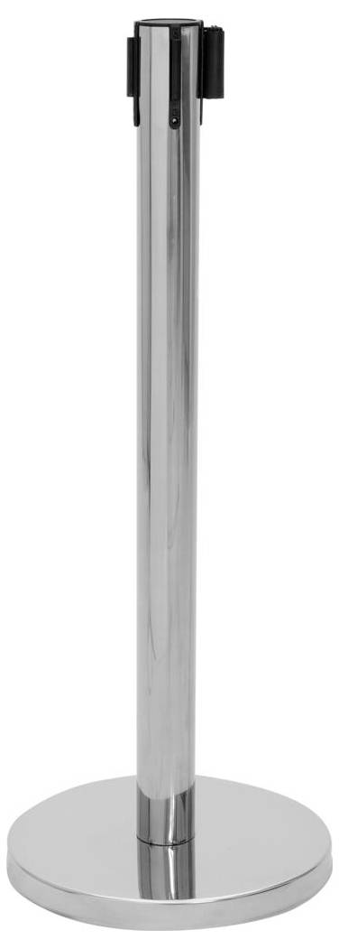 Un poteau barrière en métal avec une base ronde, comportant des points d'attache pour une ceinture rétractable, utilisé pour le contrôle de foule ou la gestion des files d'attente.