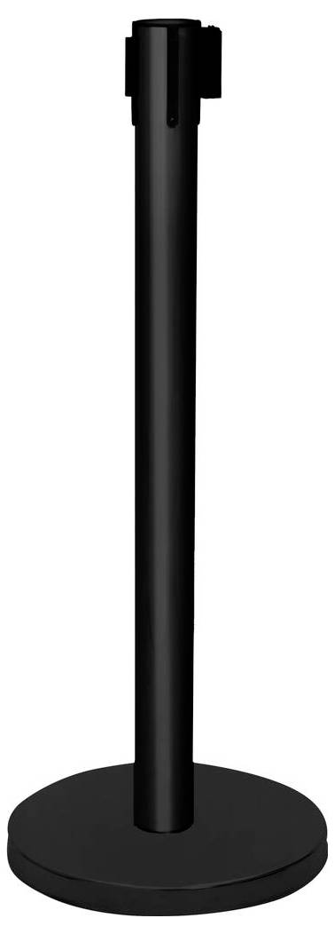Un poteau de balisage noir avec une base ronde, généralement utilisé pour créer des barrières ou guider les files d'attente dans les espaces publics.