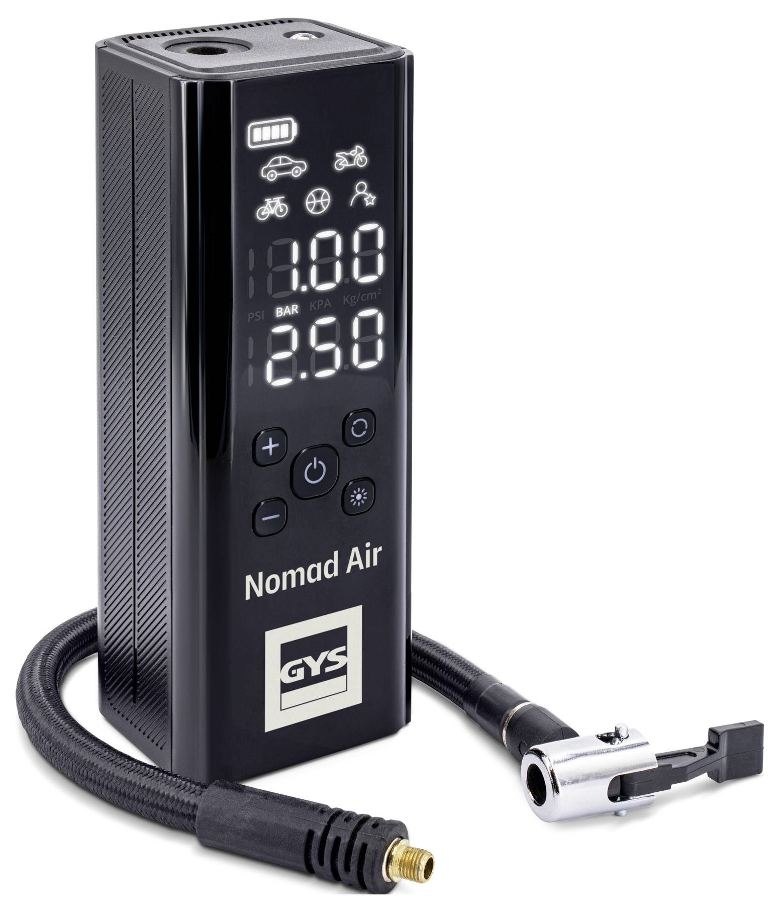 Compresseur d'air numérique portable avec un écran affichant la pression des pneus en bars, conçu pour les vélos, les motos et les voitures.