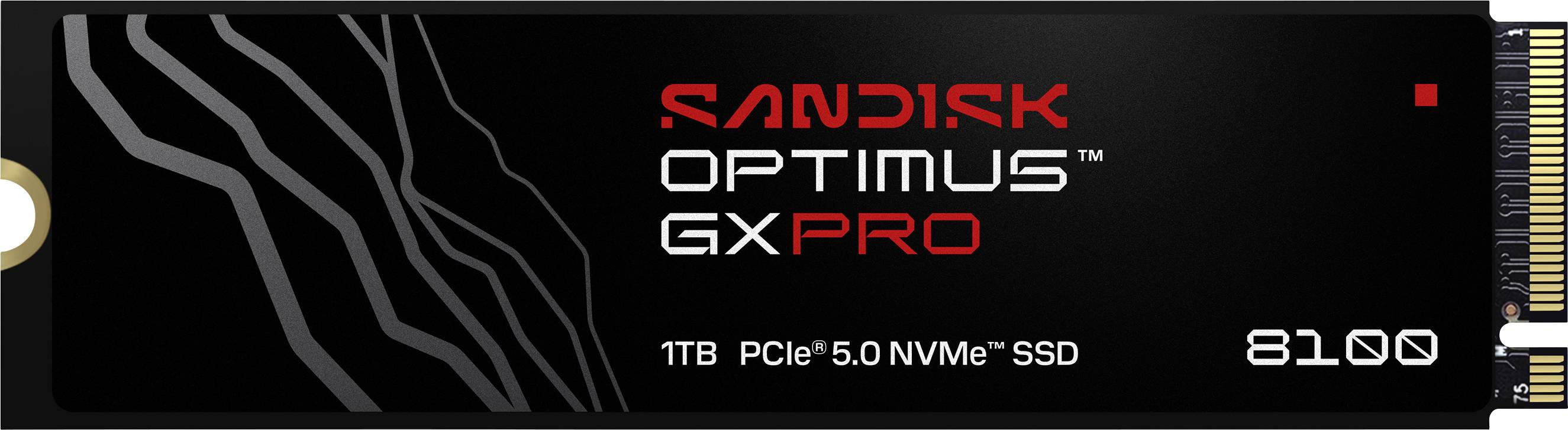 SanDisk Optimus GX Pro 1 To SSD NVMe PCIe 5.0, modèle 8100, avec un design épuré présentant une marque noir et rouge.