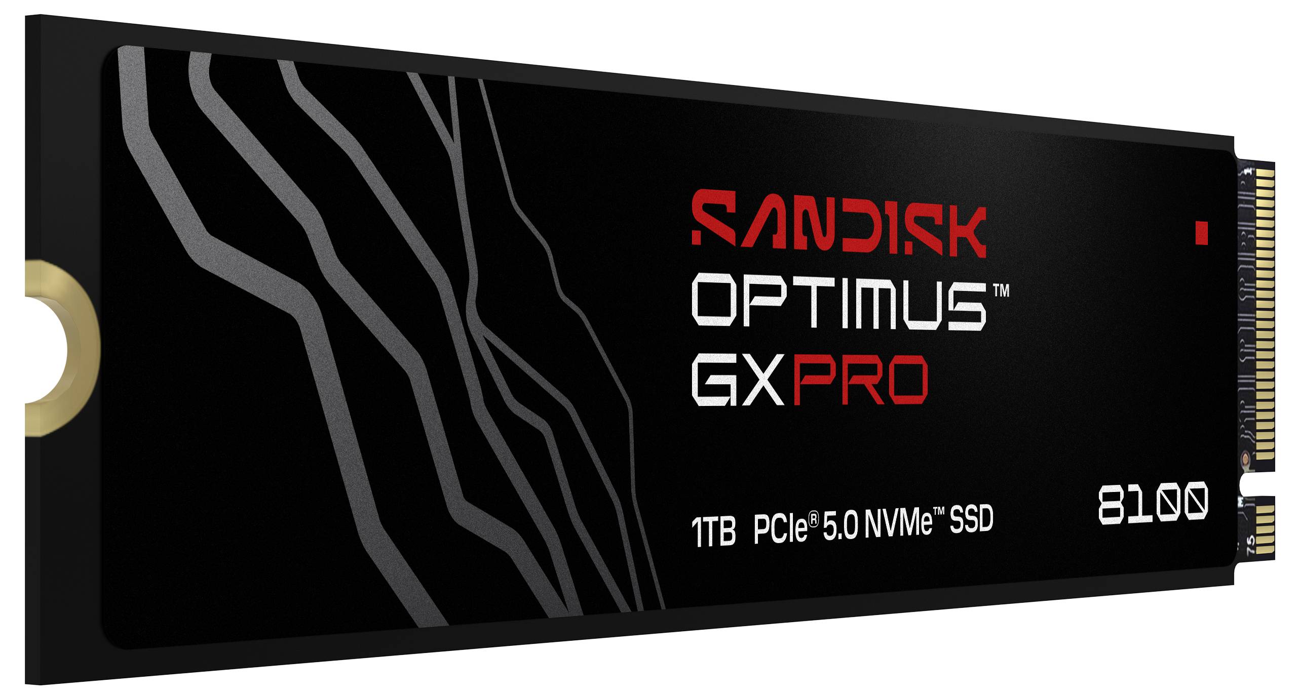 SanDisk Optimus GX Pro 8100, SSD NVMe PCIe 5.0 1 To, noir avec des lignes blanches abstraites sur l'étiquette.