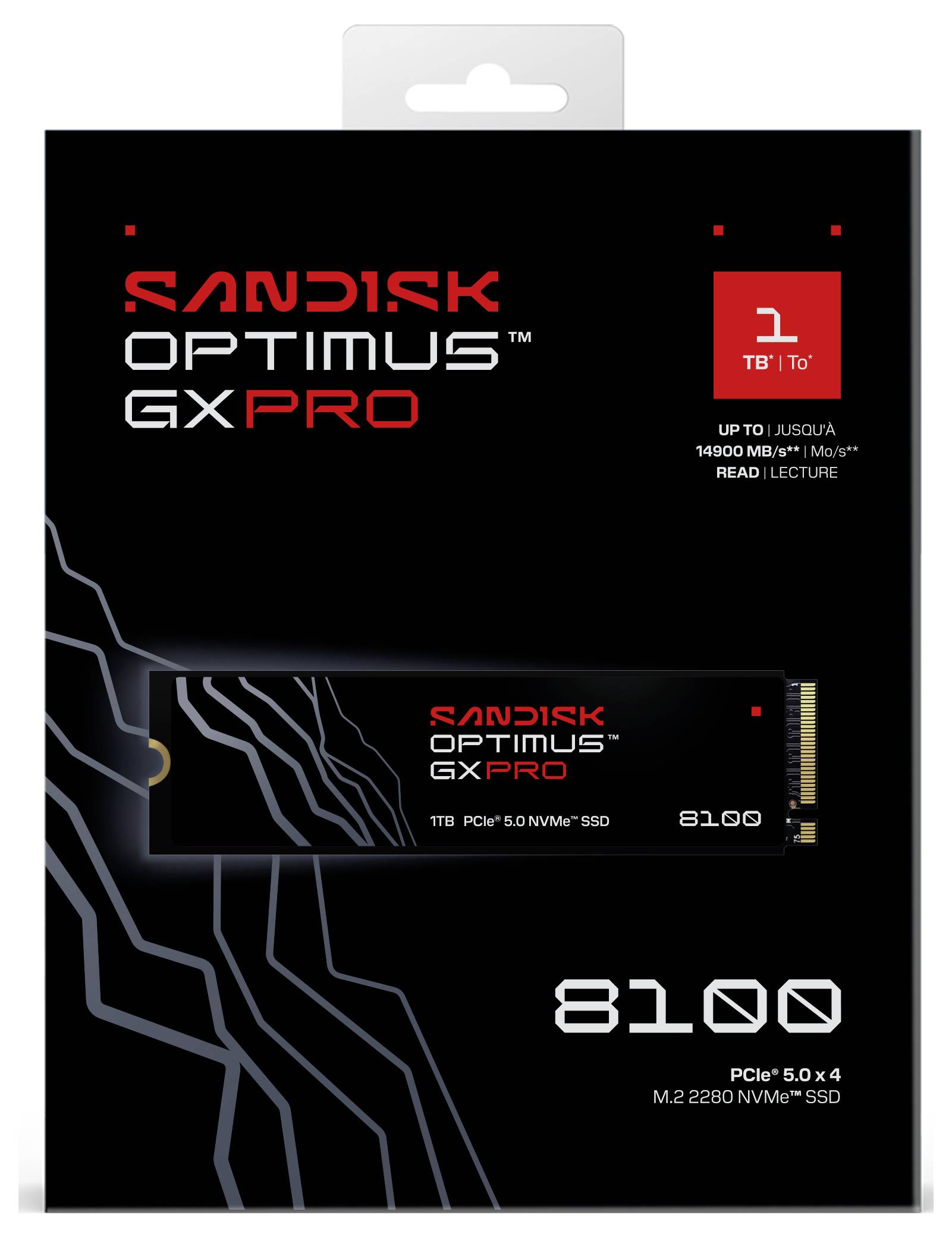 Emballage SSD Sandisk Optimus GX Pro, 1 To, PCIe 5.0 x4, M.2 2280 NVMe. Points forts : vitesse de lecture de 14 000 Mo/s et diverses fonctionnalités.