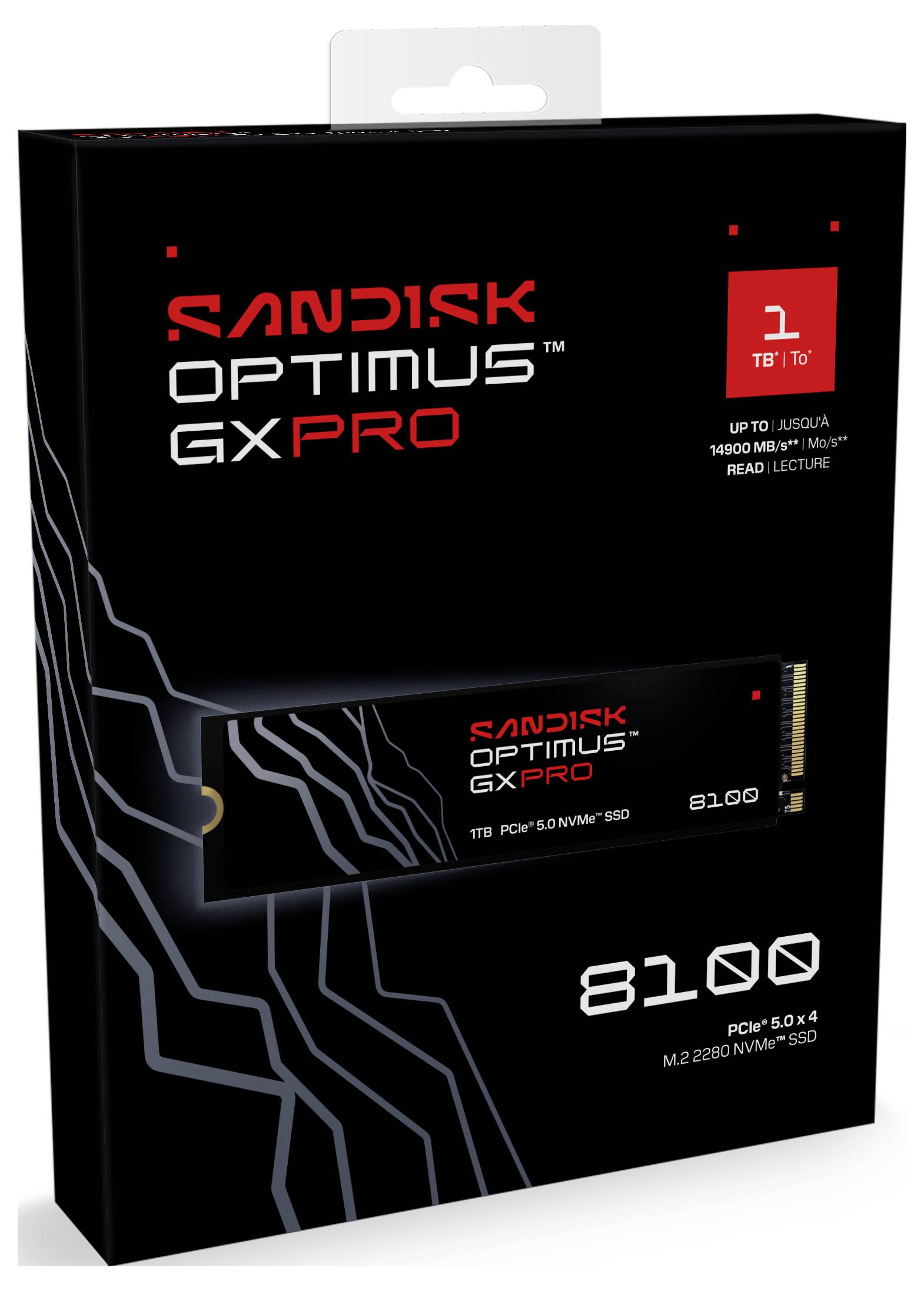Emballage du SSD M.2 NVMe PCIe 5.0 'Sandisk Optimus GX Pro' 1 To, présentant un design épuré avec les détails de performance : vitesse de lecture jusqu'à 12 400 Mo/s.