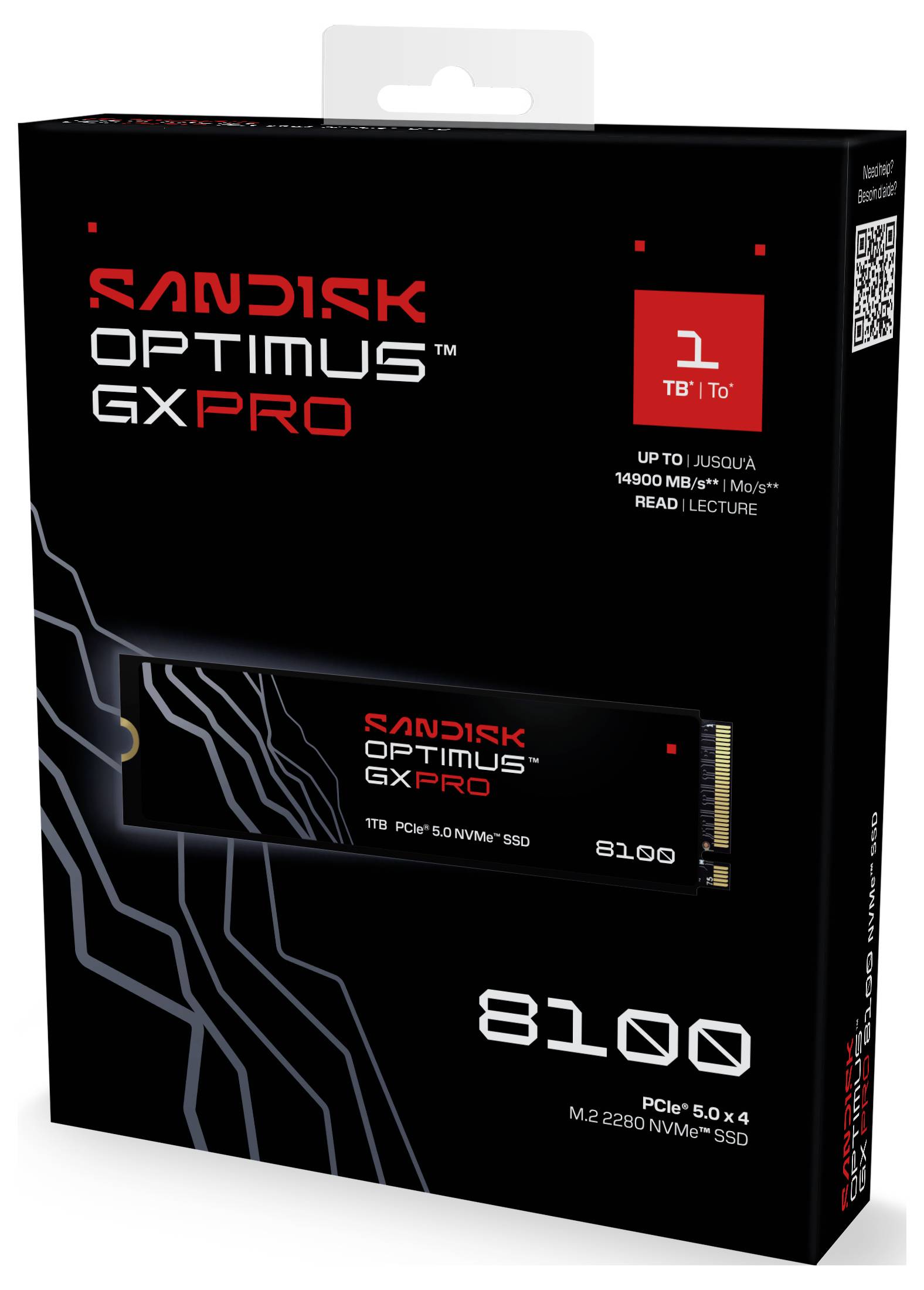 L'image montre un emballage pour un SSD 'SanDisk Optimus GX Pro', présentant des spécifications telles que '1 TB' et 'PCIe 5.0 x4'.