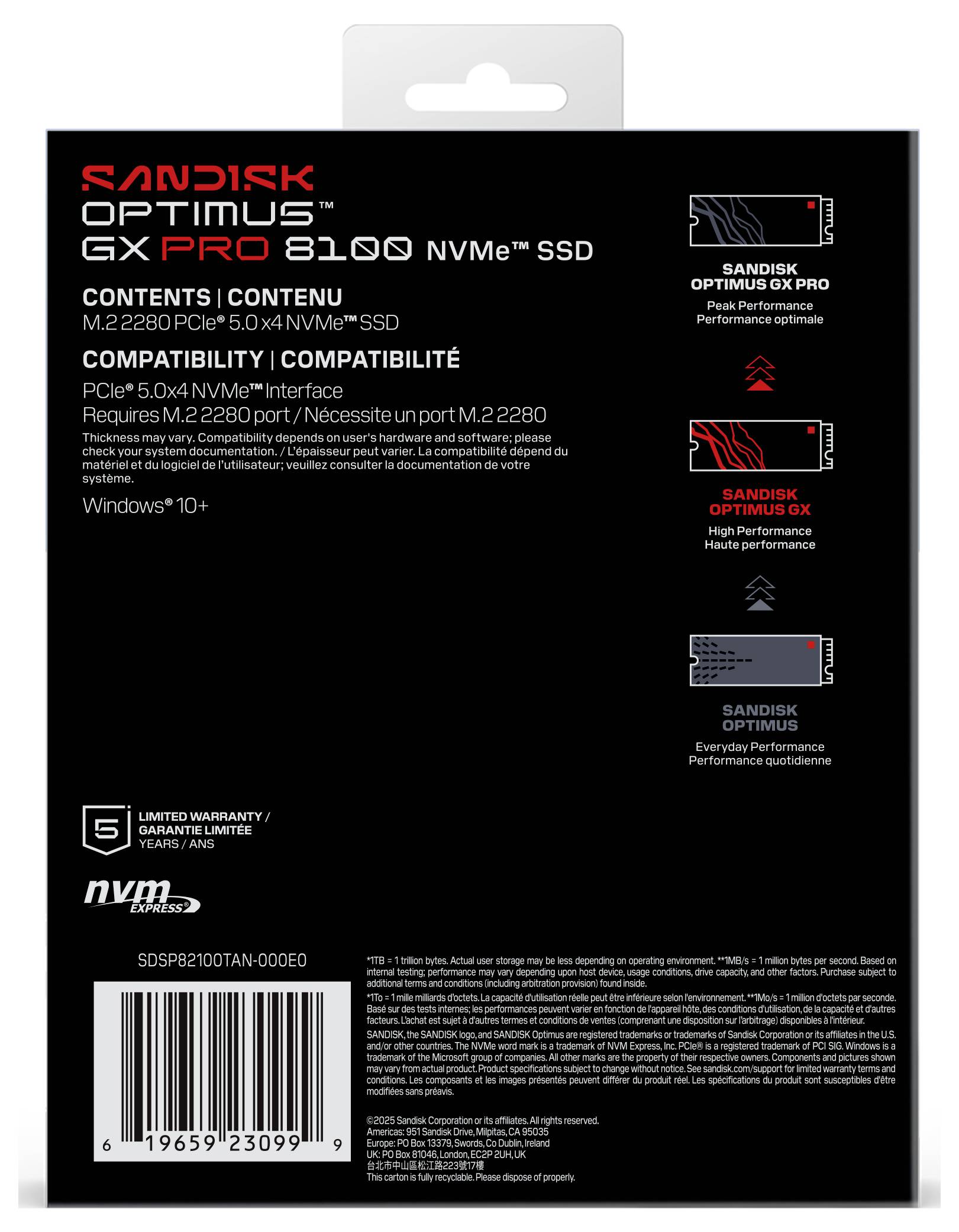 Arrière du coffret SanDisk 2TB SSD affichant les détails de compatibilité et les informations de garantie, mettant l'accent sur les caractéristiques M.2 et PCIe 5.0.