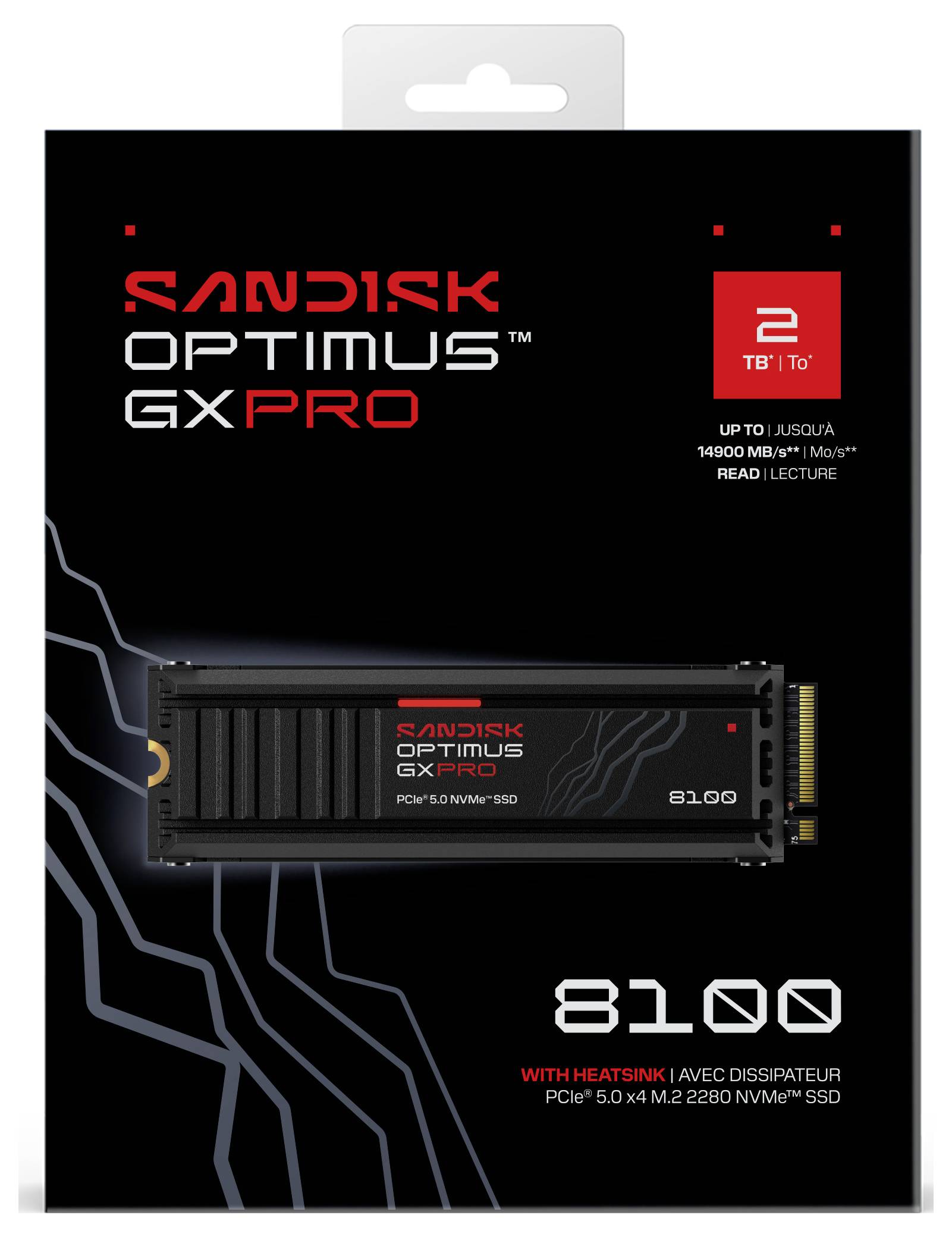« SanDisk Optimus GX Pro 2 To SSD M.2 PCIe 5.0 x4 avec dissipateur thermique, vitesses de lecture jusqu'à 14 000 Mo/s, sur emballage noir avec design argenté. »