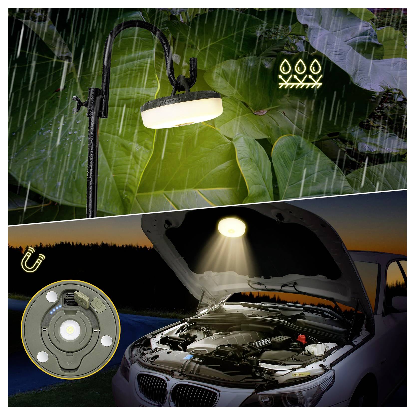 'Deux scénarios d'éclairage extérieur : une lampe de jardin sous la pluie avec un symbole de résistance à l'eau au-dessus et une lumière sous le capot d'une voiture sur une route au crépuscule.'
