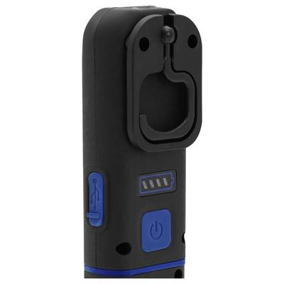 Un appareil portatif noir et bleu avec un bouton d'alimentation, un port de charge et un indicateur d'état de la batterie, utilisé pour l'inspection ou l'illumination.