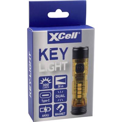 Emballage de lampe de poche « XCell Key-Light », 300 lumens, portée de 30 m, USB Type-C, luminosité double, batterie rechargeable, fixation magnétique.