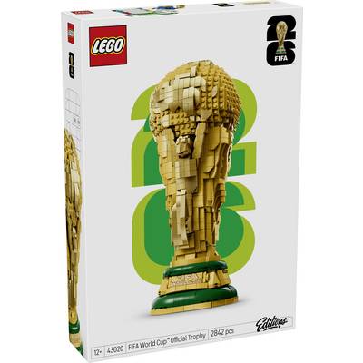 Ensemble LEGO représentant le Trophée de la Coupe du Monde FIFA avec le texte « 2842 pièces » sur la boîte. Ensemble pour les enfants à partir de 12 ans. Le trophée est aux couleurs or et vert.