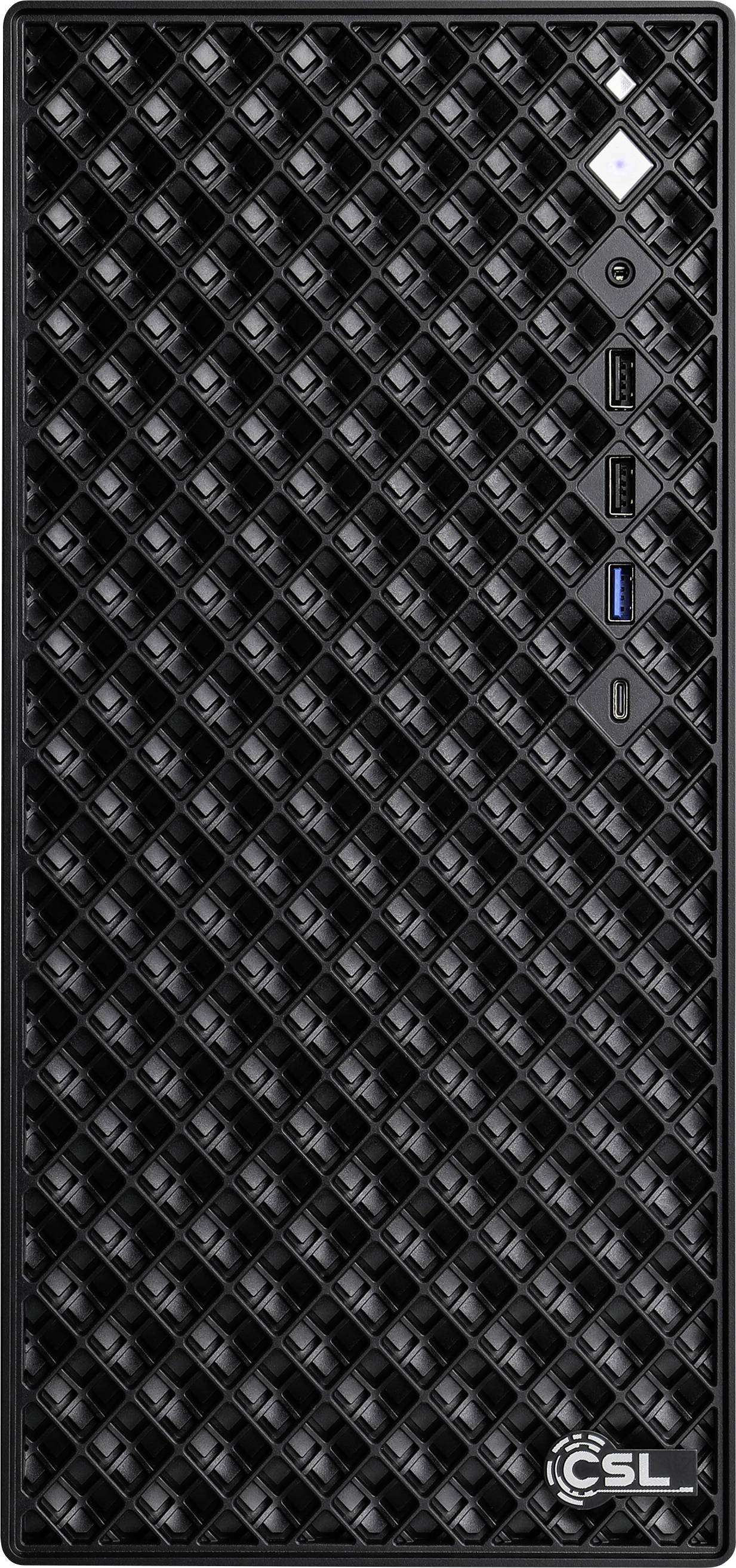 Une tour informatique de bureau noire de CSL avec un motif en losange texturé sur le panneau frontal, dotée de plusieurs ports et d'un bouton d'alimentation.