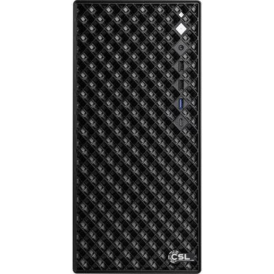 Une tour informatique de bureau noire de CSL avec un motif en losange texturé sur le panneau frontal, dotée de plusieurs ports et d'un bouton d'alimentation.