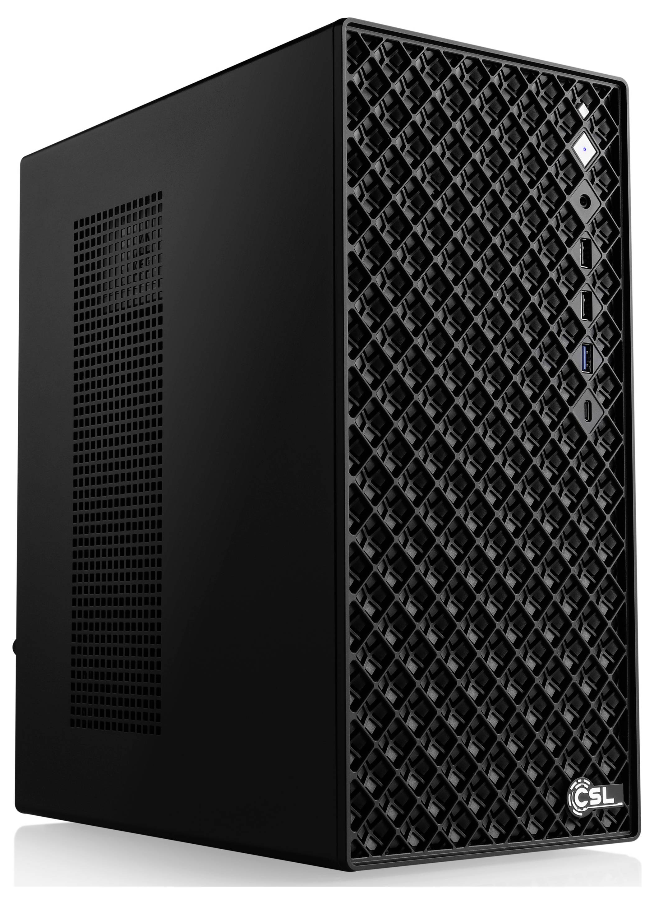 Une tour informatique noire avec un panneau avant à motif de losanges et plusieurs ports sur le côté.