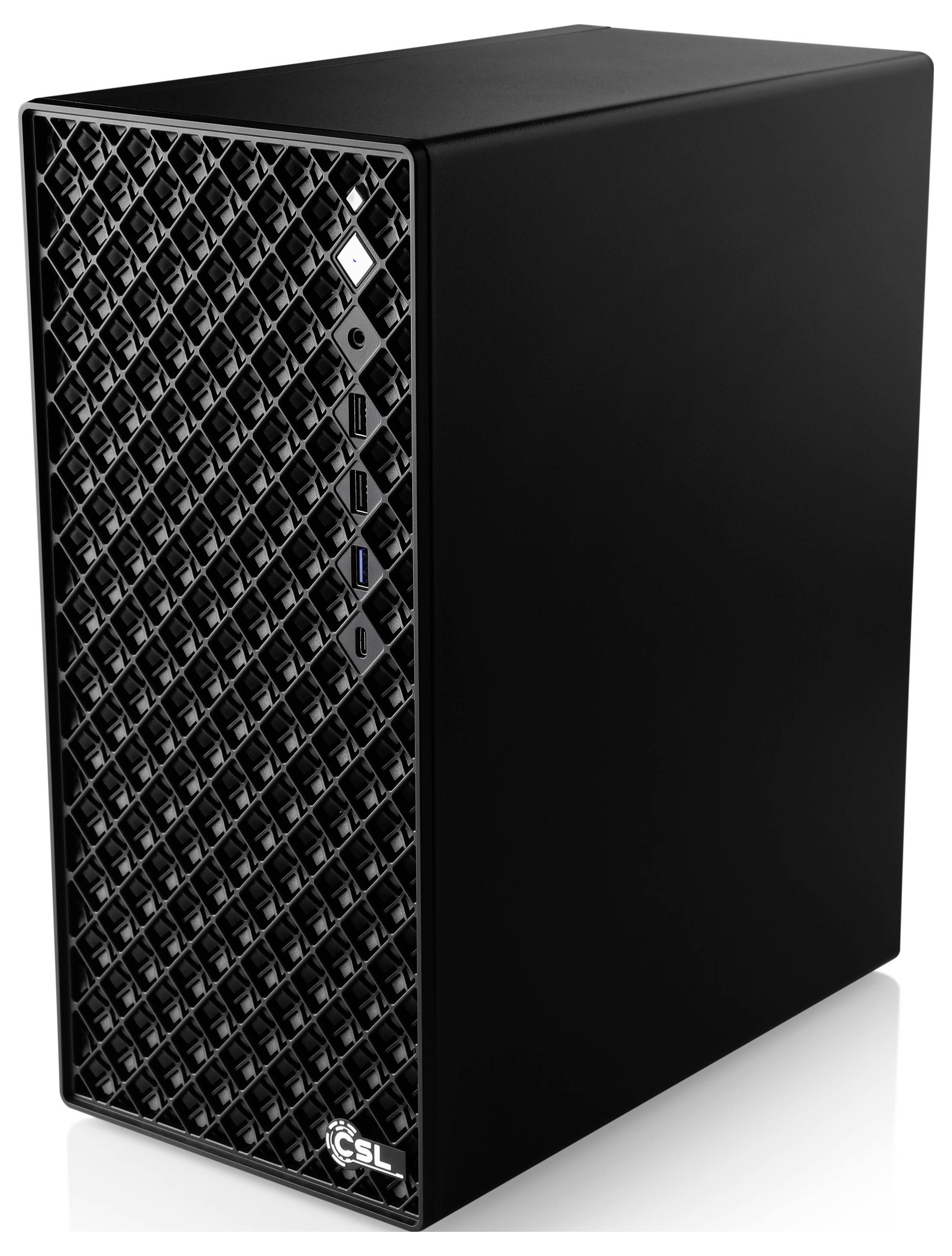 Une tour d'ordinateur de bureau noire avec un panneau frontal texturé présentant plusieurs ports USB et boutons d'alimentation.