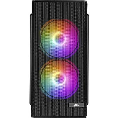 Un panneau avant de boîtier d'ordinateur doté de deux grands ventilateurs RGB, brillant dans des motifs multicolores derrière une grille maillée, assurant la ventilation.