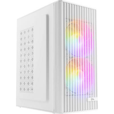 Un boîtier d'ordinateur blanc avec un panneau latéral perforé et une grille avant, équipé de deux ventilateurs colorés et illuminés.