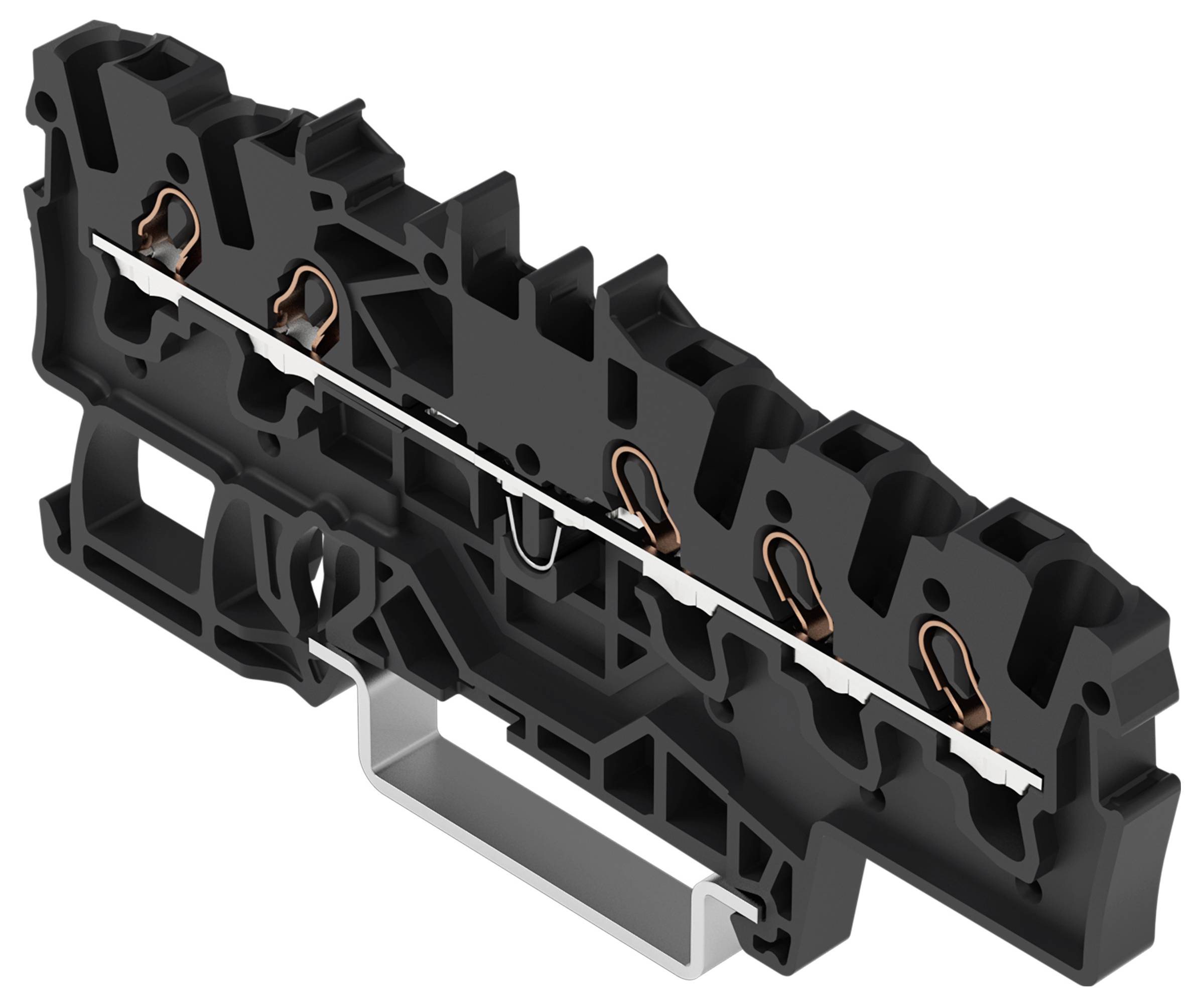 Une coupe transversale d'un bornier électrique en plastique noir avec des connecteurs en cuivre et une base métallique, illustrant sa structure interne.