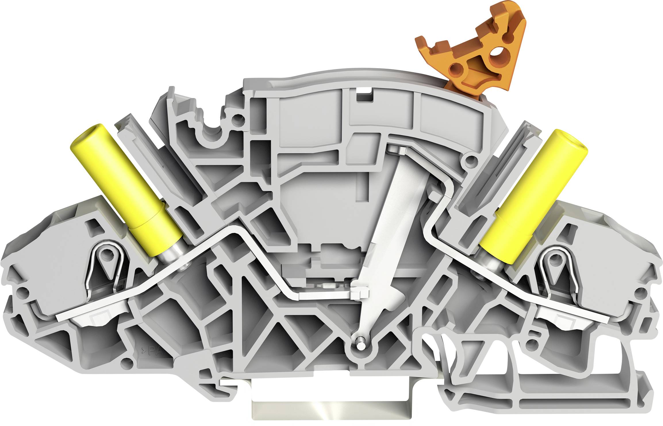 Coupe transversale d'un composant mécanique comportant deux cylindres jaunes et un levier orange montrant la structure interne et les connexions.