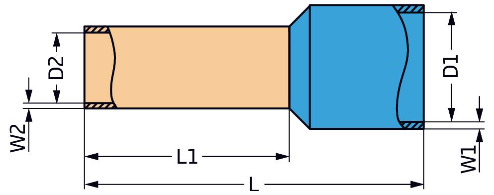 'Schéma d'une pièce mécanique présentant des formes cylindriques et oblongues, affichant les dimensions : L, L1, D1, D2, W1, W2, D ; utilise les couleurs bleu et orange.'