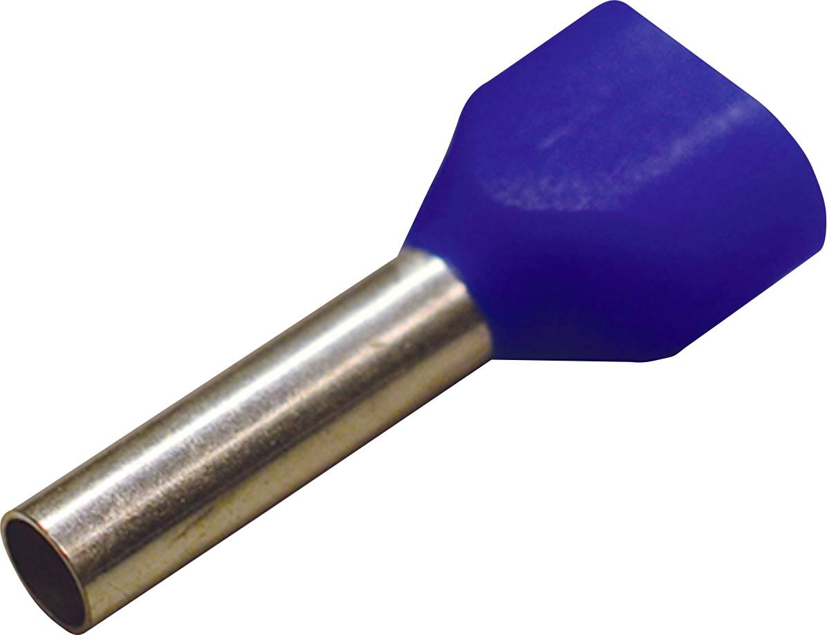 Une virole isolante bleue avec une extrémité de tube métallique, utilisée pour terminer les fils tressés, est présentée sur un fond uni.