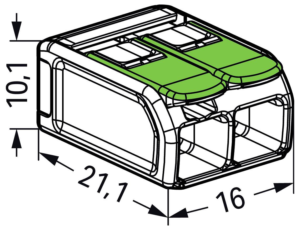 « Illustration d'un connecteur électrique à deux fils, montrant les dimensions : 10,1 mm de hauteur, 21,1 mm de largeur et 16 mm de profondeur. Le haut est vert. »